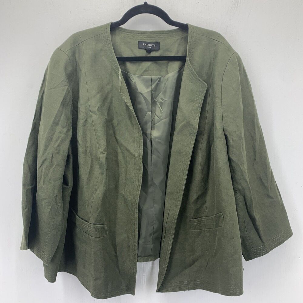 Talbots Woman 22W Blazer Jacket Lined Green Linen‎ 3/4 Sleeve Career Open Front